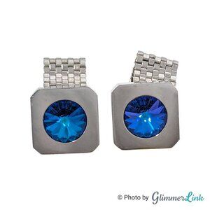 Vintage Foster Blue Rivoli MCM Silver Tone Cufflinks with Detachable Mesh Wrap